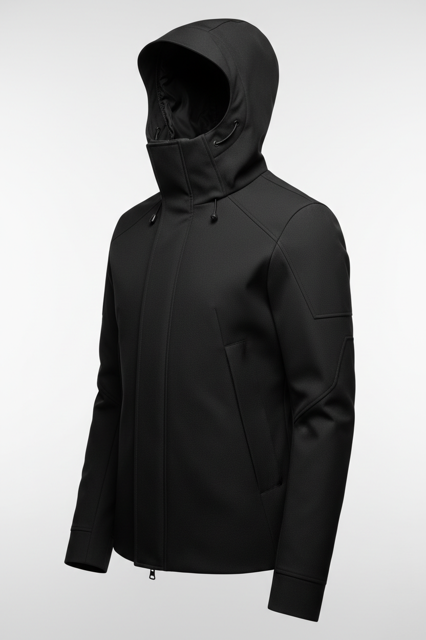Hooded Jacket in Jet Black - 45 Degree Angle