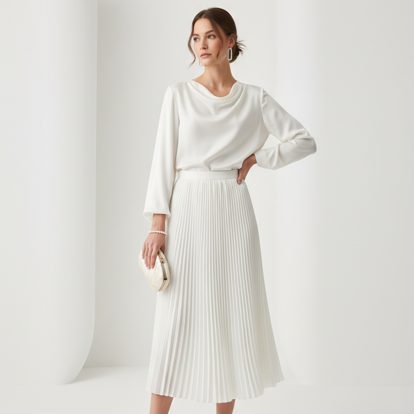 Pleated Skirt in Pearl White - Model Wearing