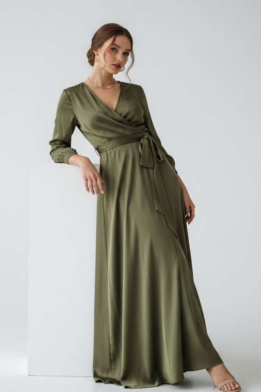 Wrap Dress in Olive Green - Model Wearing
