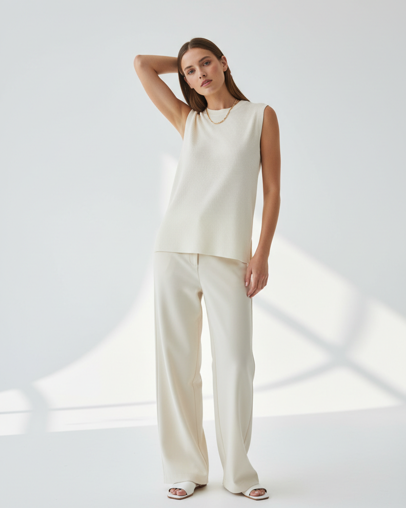 Sleeveless Top in Ivory - Model Wearing