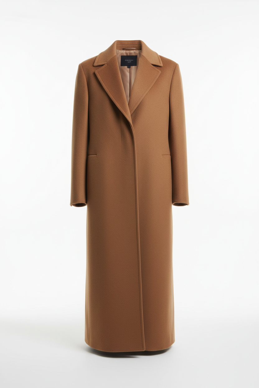 Long Coat in Camel Brown - Front View