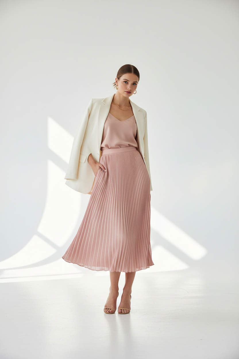 Pleated Skirt in Blush Pink - Model Wearing