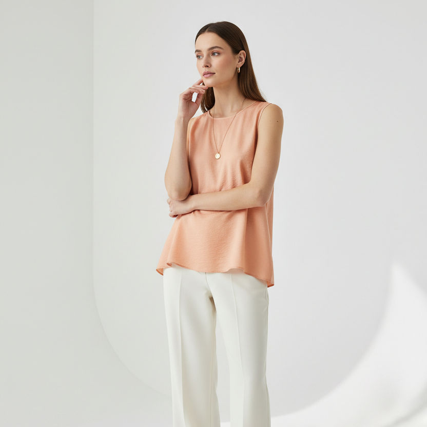 Sleeveless Top in Soft Peach - Model Wearing