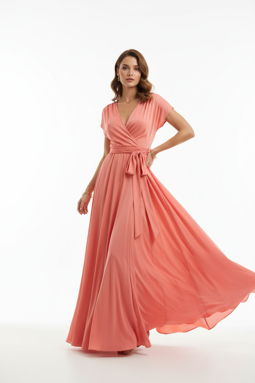 Wrap Dress in Soft Coral - Model Wearing