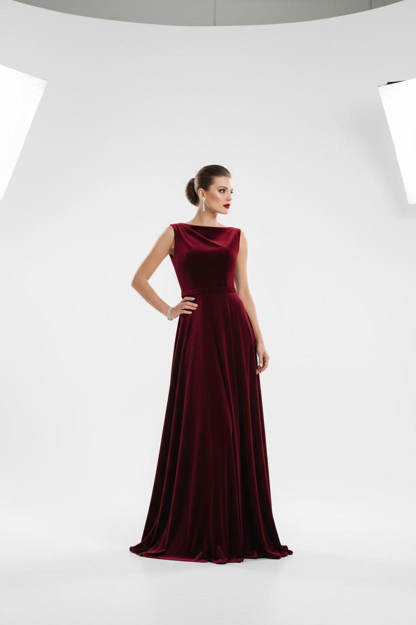 Evening Dress in Burgundy - Model Wearing